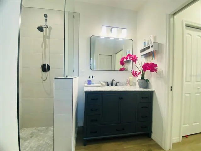a bathroom with a sink vanity and shower