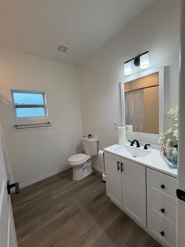 a bathroom with a double vanity sink toilet and mirror