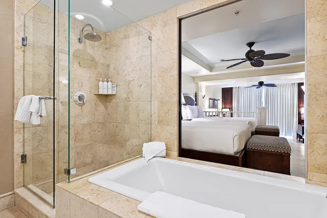a bathroom with a tub shower sink and mirror
