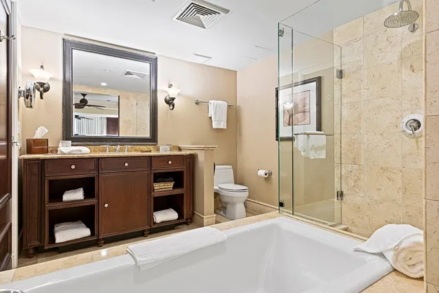 a bathroom with a granite countertop sink a toilet and shower