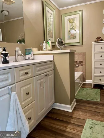 a bathroom with a sink a mirror and a wooden floor