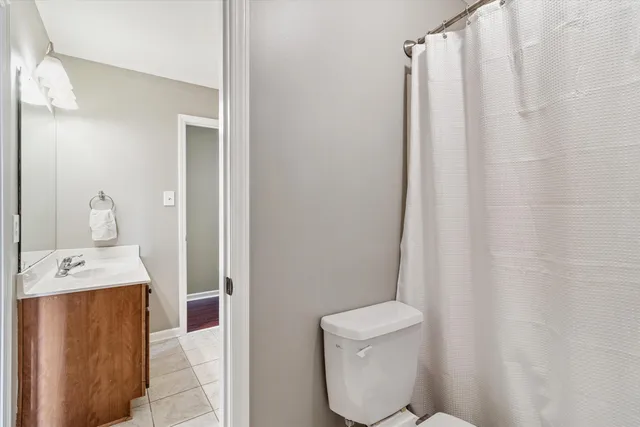 a bathroom with a sink a toilet and shower curtain
