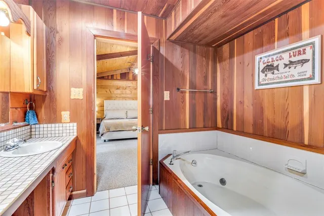 a bathroom with a tub sink and mirror