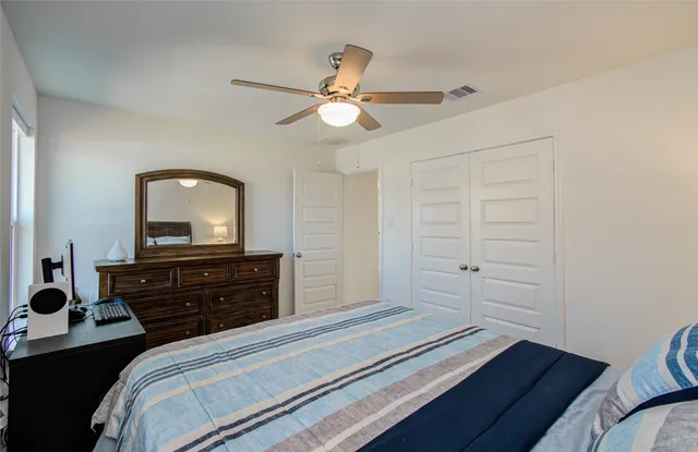 a bedroom with a bed and a dresser