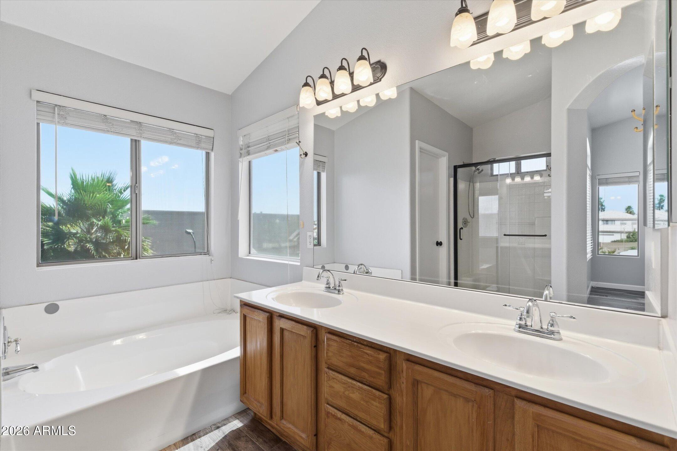 13633 South 47th Street Phoenix, AZ 85044 - Photo 22 of 37 a bathroom with a double vanity sink a large mirror and a bathtub