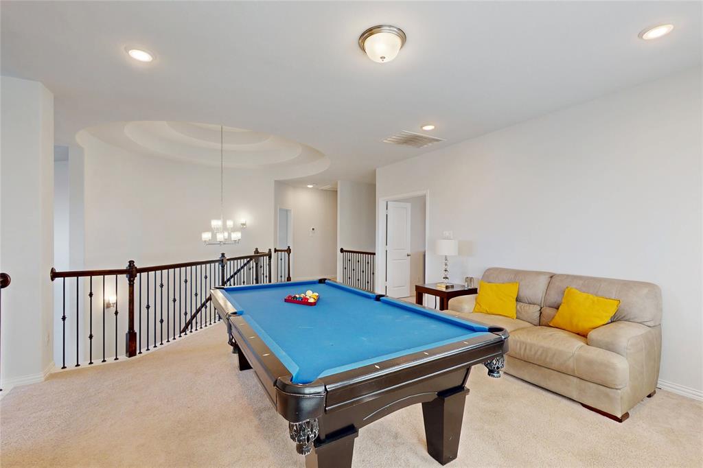 1997 Kieva Place Allen, TX 75013 - Photo 26 of 40 Rec room featuring billiards, carpet flooring, and hanging lights