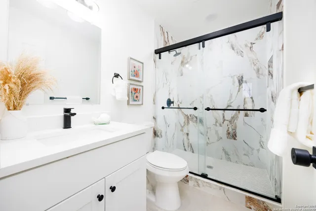 a bathroom with a sink a toilet and a shower