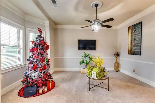 a living room with furniture and a potted plant