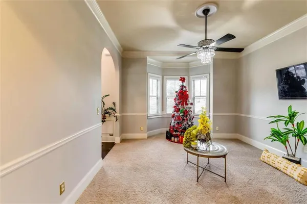 a living room with furniture and a potted plant