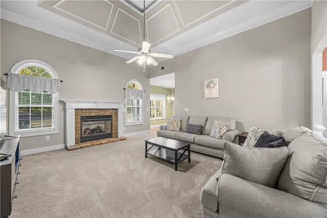 a living room with furniture a fireplace and a chandelier