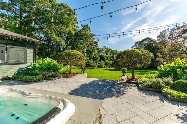 a view of a backyard with plants and a patio