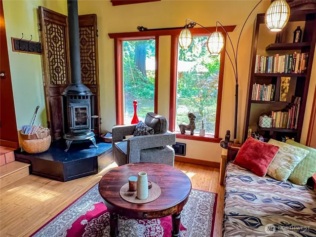 a view of a bedroom with furniture and staircase