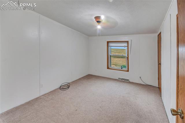 7940 Edison Road Yoder, CO 80864 - Photo 20 of 38 Empty room featuring light carpet, a textured ceiling, and ceiling fan