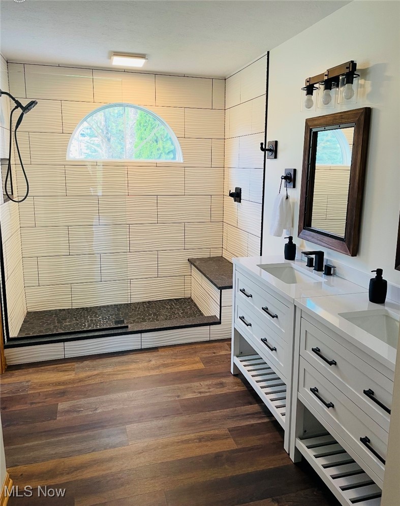 2435 Queensbury Road Alliance, OH 44601 - Photo 24 of 36 Bathroom featuring double vanity, walk in shower, and dark wood-style floors