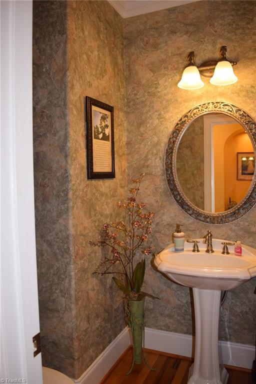 Hall Bath with Faux wallpaper. 