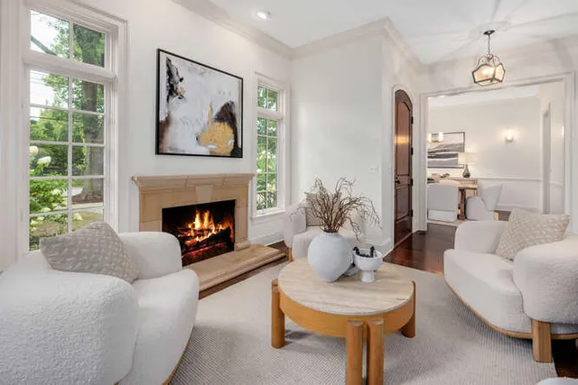 a living room with furniture a lamp and a fireplace