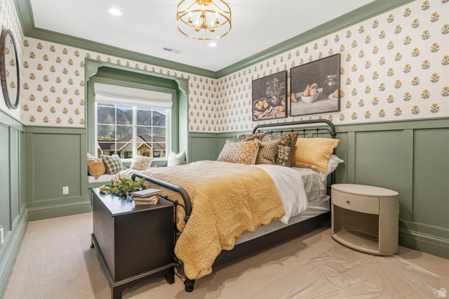 115 East Hidden Ridge Lane, Unit 42 Mapleton, UT 84664 - Photo 48 of 103 Spacious bedroom featuring decorative wallpaper, recessed lighting, and a prominent window seat with mountain scenery