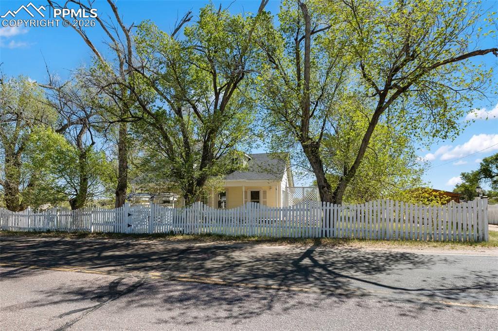 a backyard of a house with trees and wooden fence