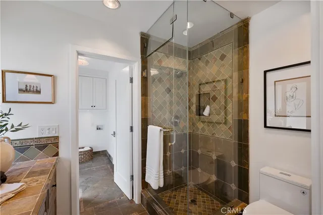 a bathroom with a shower and toilet