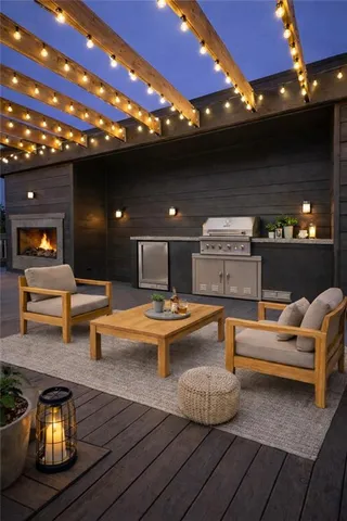 a outdoor living space with patio furniture and a fireplace