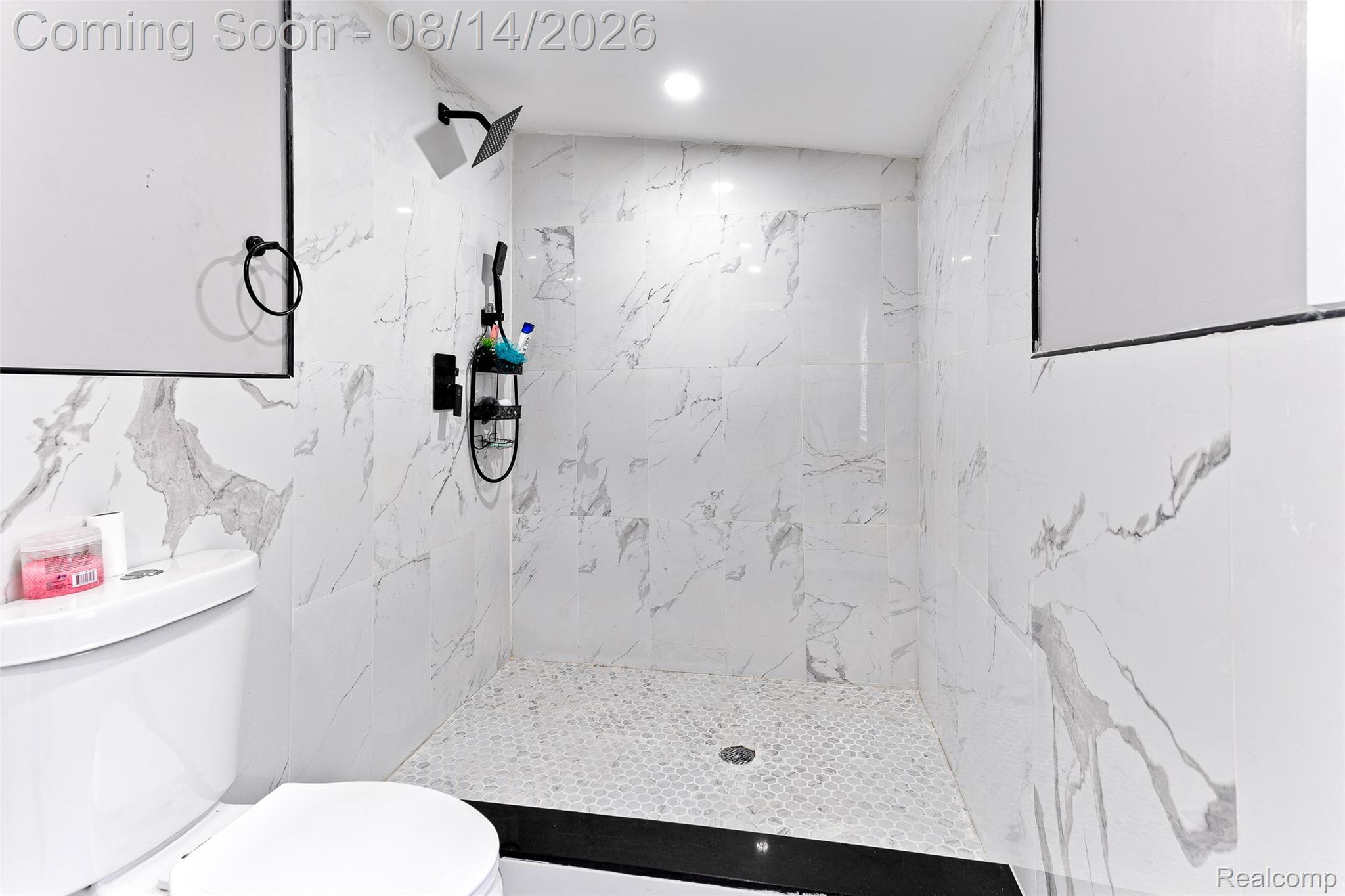 4472 French Road Detroit, MI 48214 - Photo 12 of 23 Walk-in shower with large format tile walls, hexagonal mosaic tile flooring, and matte black fixtures