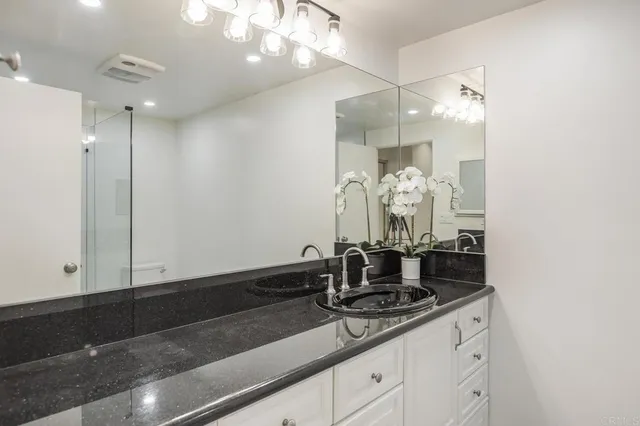 a bathroom with a double vanity sink a mirror and a shower