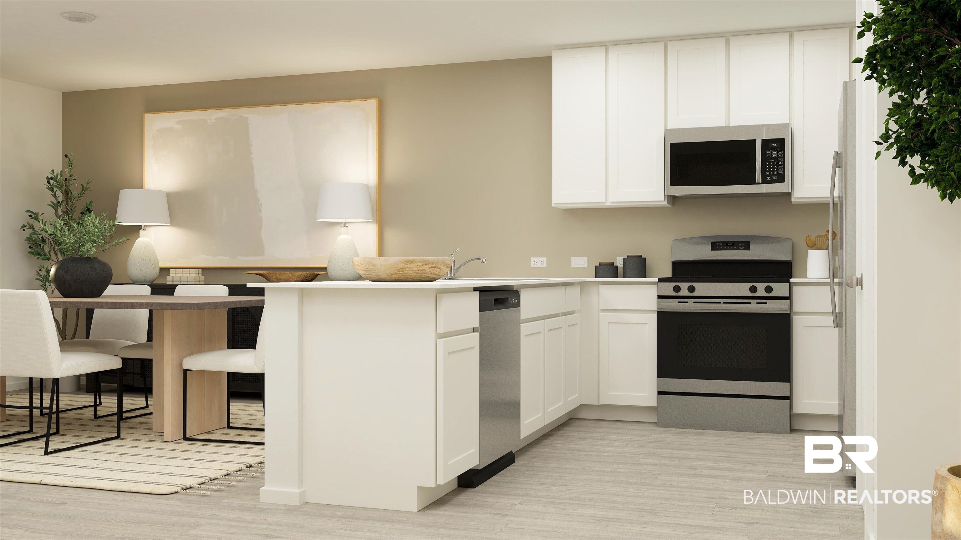 15362 Planters Lane Foley, AL 36535 - Photo 9 of 24 Kitchen with stainless steel appliances, white cabinetry, light countertops, light wood-style floors, and a peninsula