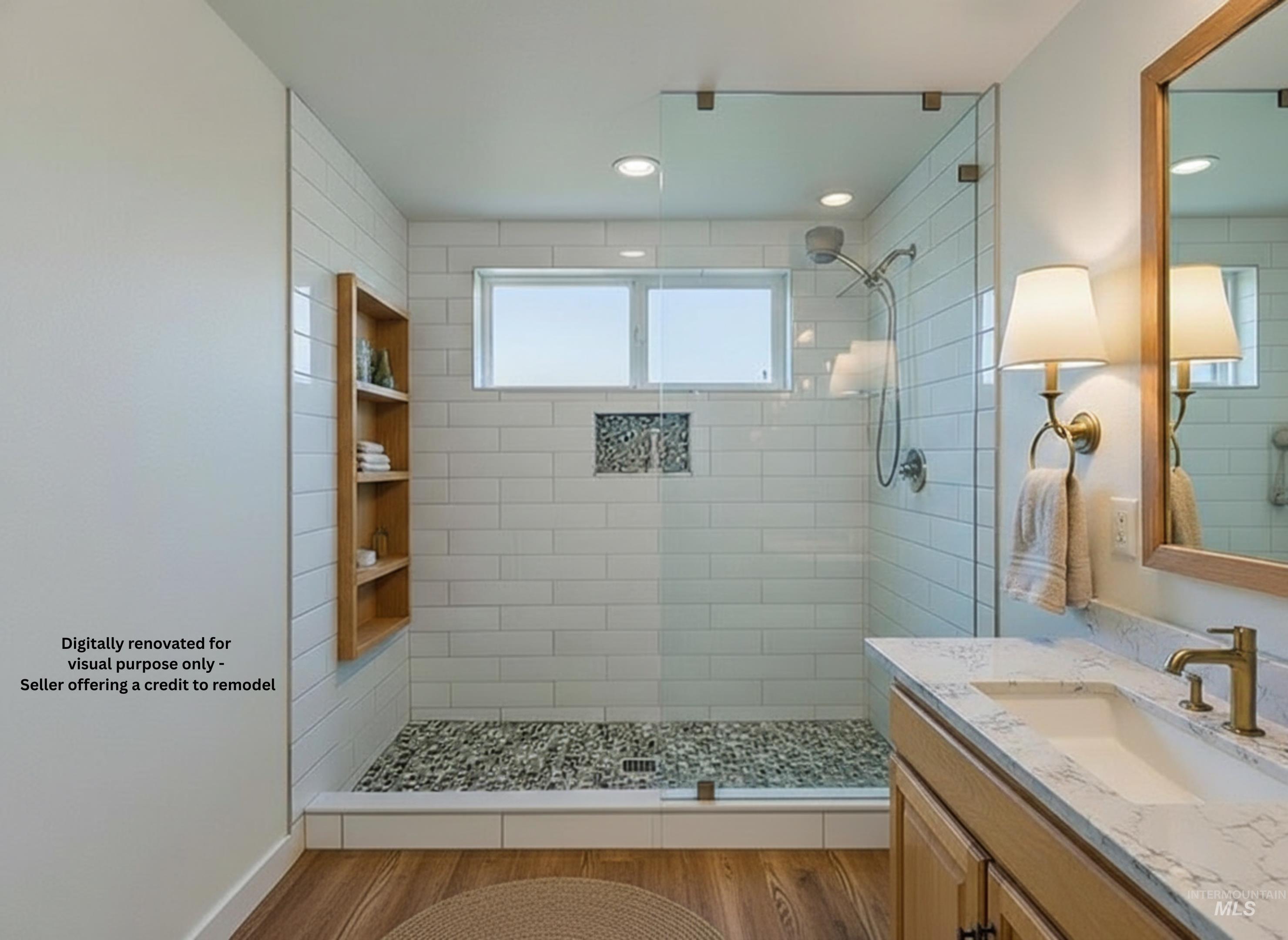 202 Fish Hatchery Road Grangeville, ID 83530 - Photo 21 of 50 Bathroom with vanity, a shower stall, light wood finished floors, and recessed lighting