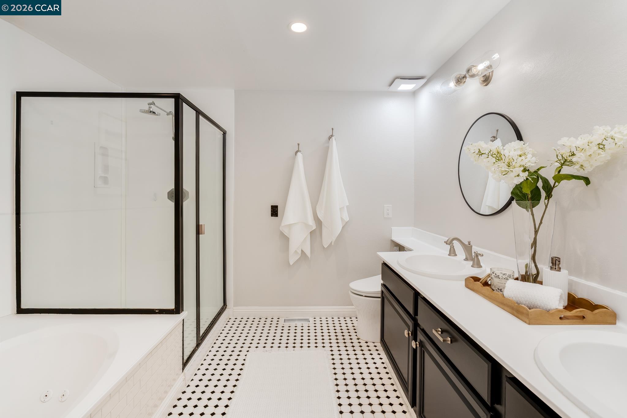 34 Pony Court San Ramon, CA 94583 - Photo 19 of 34 a bathroom with a sink a mirror and a shower