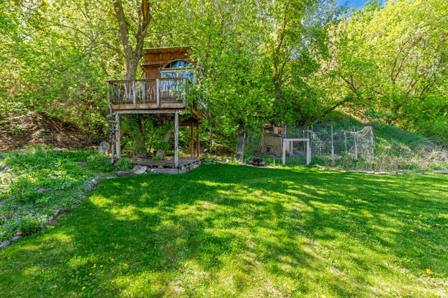 814 Mountain Road Logan, UT 84321 - Photo 37 of 42 Expansive green lawn with a treehouse structure featuring a balcony and curved window