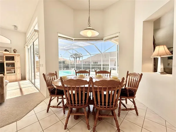 a view of a dining room with furniture window and outside view