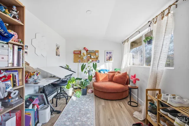 a living room with furniture and a potted plant