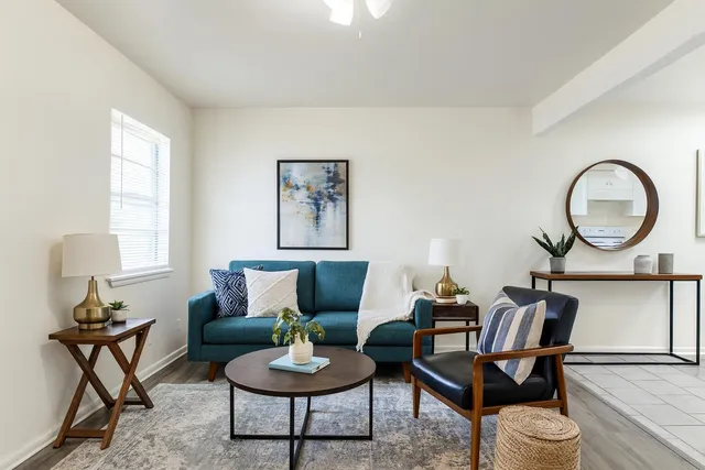 a living room with furniture a rug and a window