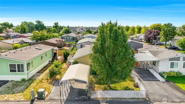 aerial view of a house with a yard and large tree