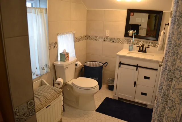 a bathroom with a sink a toilet a mirror and shower