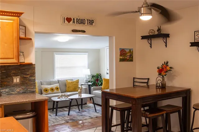 a view of a dining room with furniture