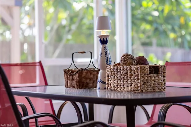 a closeup of a table with chairs