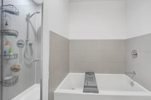 a bathroom with a bathtub