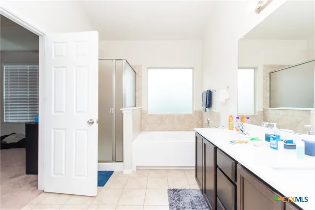 a bathroom with a sink a mirror and a bathtub