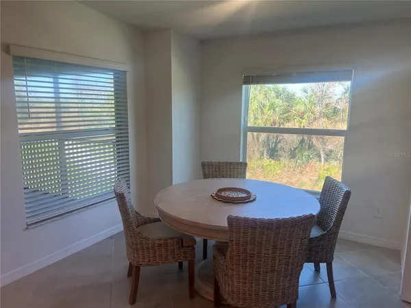 a view of a dining room with furniture and window