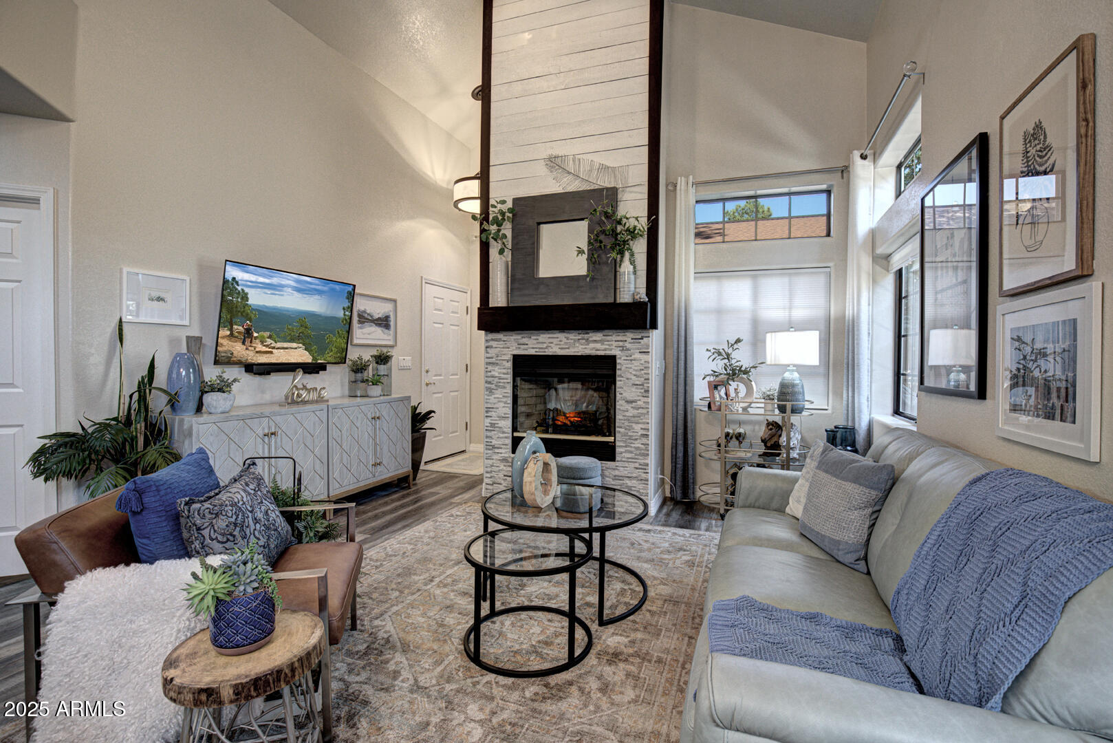 a living room with furniture a flat screen tv and a fireplace