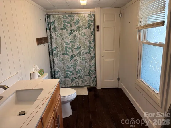 a bathroom with a sink a toilet and shower curtain
