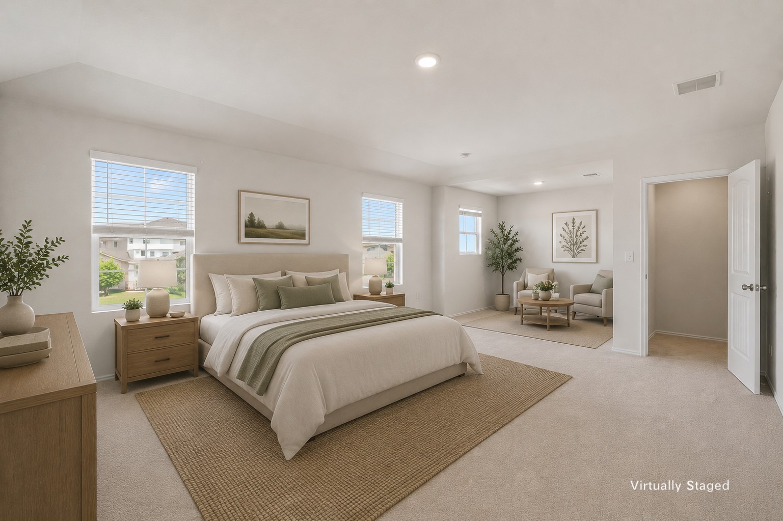 14917 Bajada Rd Manor Manor, TX 78653 - Photo 16 of 31 Master bedroom featuring light-colored carpeting, multiple windows with blinds, and recessed lighting