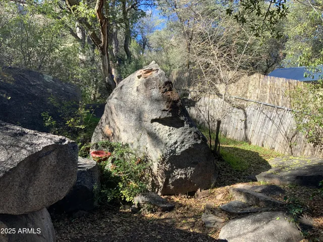 a view of a patio with table and chairs potted plants and large tree