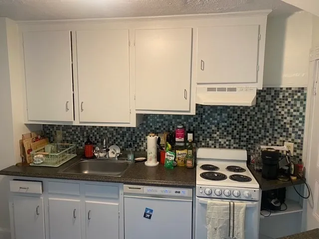 a kitchen with sink a stove and cabinets