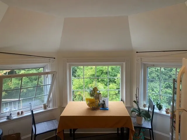 a view of a dining room with furniture window and outside view