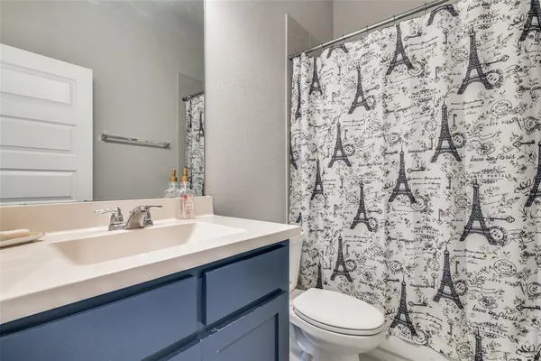 a bathroom with a sink a toilet and shower curtain