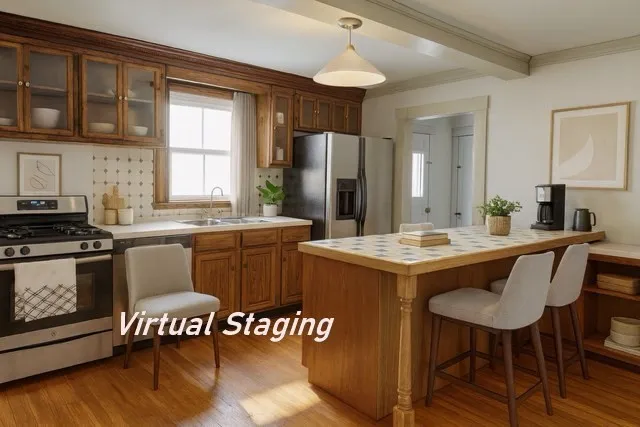 a living room with wooden floor and a table