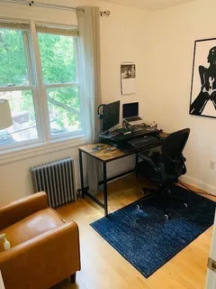 a living room with furniture rug and a window