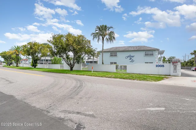 a view of a house with a yard and palm trees
